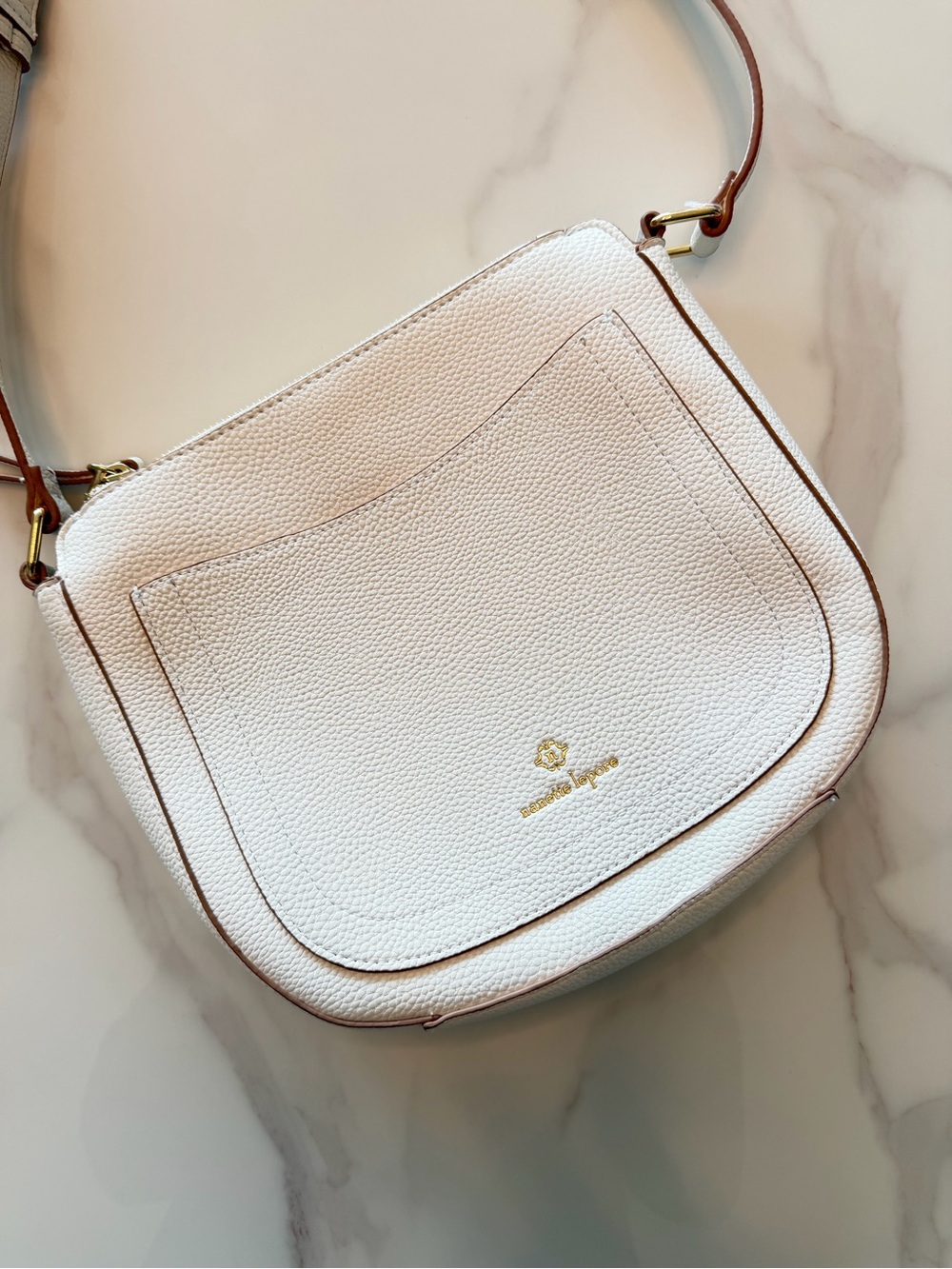 Nanette Lepore White Pebbled Leather Crossbody with Brown Trim